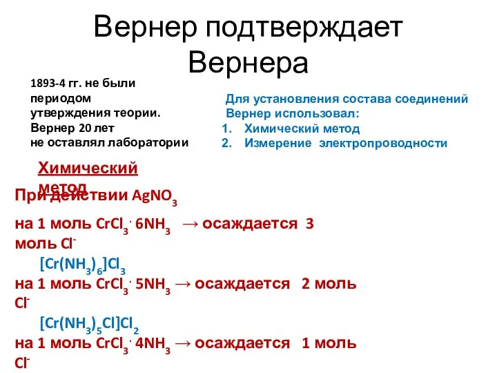 Вернер подтверждает Вернера 1893-4 гг. не были периодом утверждения теории. Вернер