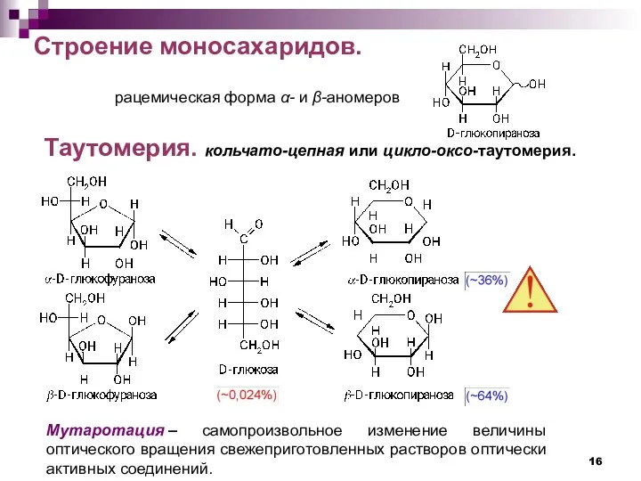 рацемическая форма α- и β-аномеров Строение моносахаридов. Таутомерия. кольчато-цепная или цикло-оксо-таутомерия.