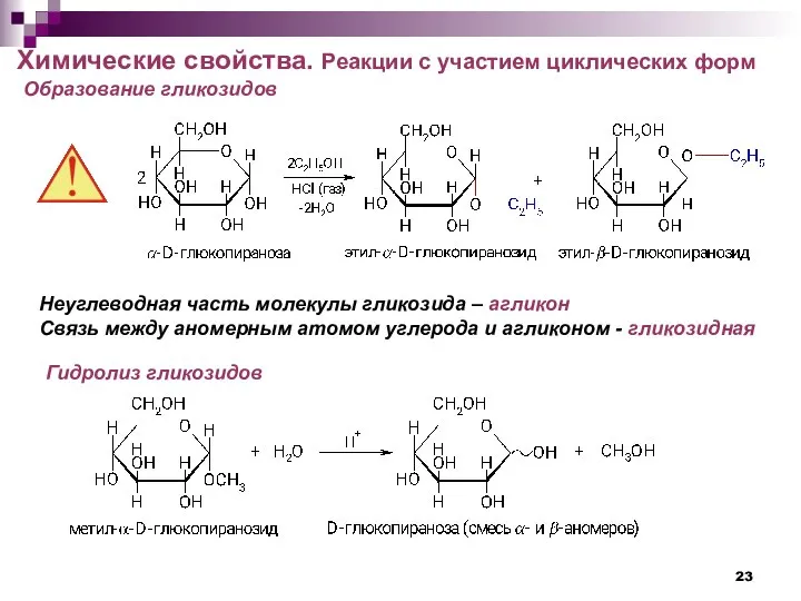 Химические свойства. Реакции с участием циклических форм Образование гликозидов Неуглеводная часть
