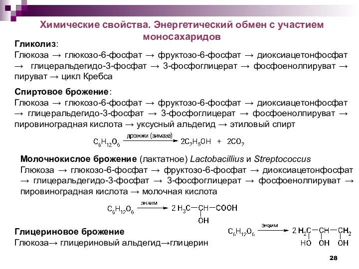 Химические свойства. Энергетический обмен с участием моносахаридов Спиртовое брожение: Глюкоза →