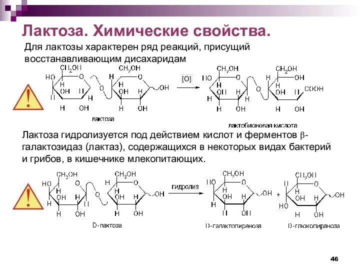 Лактоза. Химические свойства. Для лактозы характерен ряд реакций, присущий восстанавливающим дисахаридам