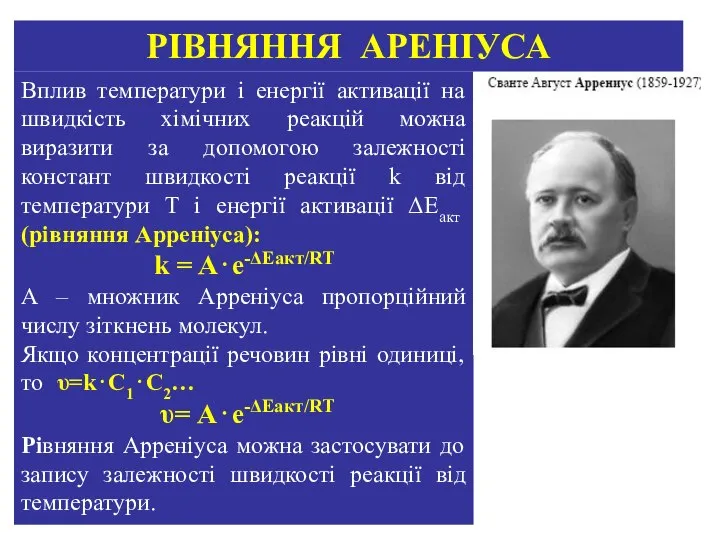 Вплив температури і енергії активації на швидкість хімічних реакцій можна виразити