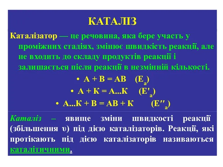 КАТАЛІЗ Каталізатор — це речовина, яка бере участь у проміжних стадіях,