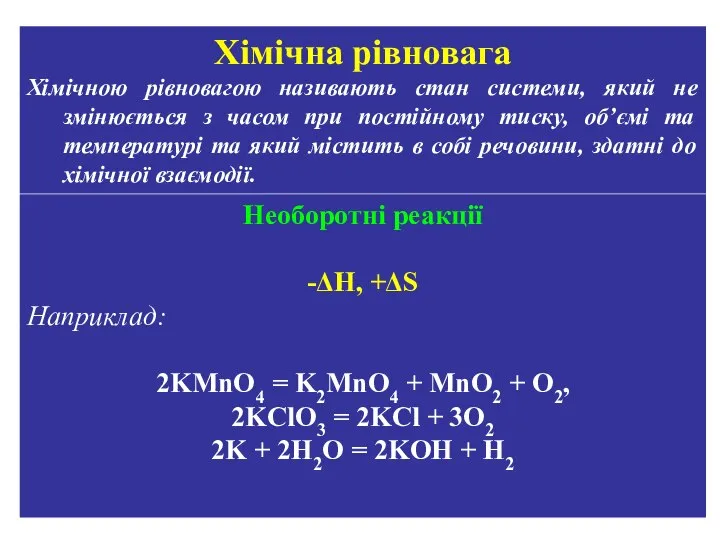 Хімічна рівновага Хімічною рівновагою називають стан системи, який не змінюється з