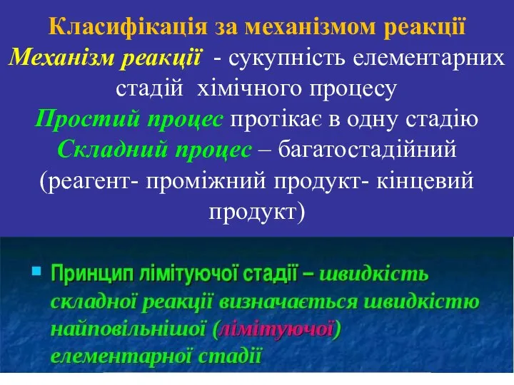 Класифікація за механізмом реакції Механізм реакції - сукупність елементарних стадій хімічного