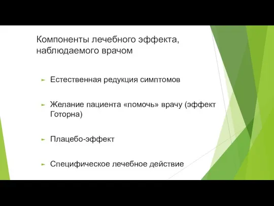 Компоненты лечебного эффекта, наблюдаемого врачом Естественная редукция симптомов Желание пациента «помочь»