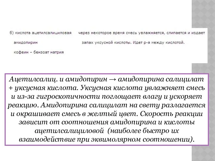 Ацетилсалиц. и амидопирин → амидопирина салицилат + уксусная кислота. Уксусная кислота