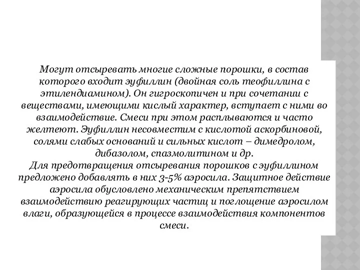 Могут отсыревать многие сложные порошки, в состав которого входит эуфиллин (двойная