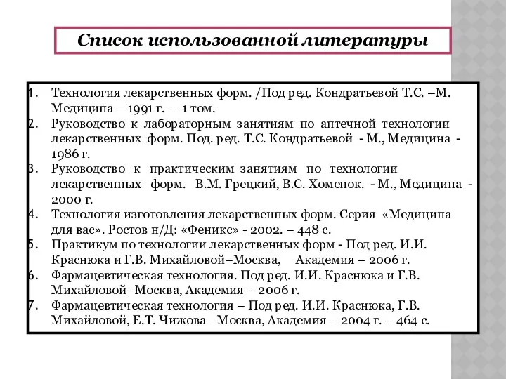 Список использованной литературы Технология лекарственных форм. /Под ред. Кондратьевой Т.С. –М.