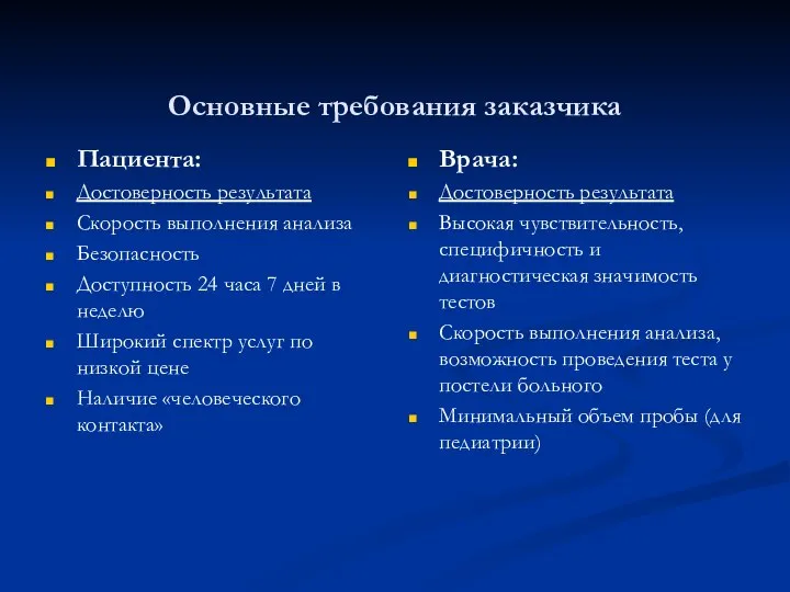 Основные требования заказчика Пациента: Достоверность результата Скорость выполнения анализа Безопасность Доступность