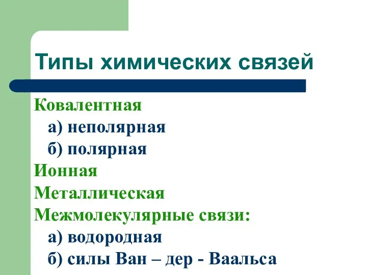 Типы химических связей Ковалентная а) неполярная б) полярная Ионная Металлическая Межмолекулярные