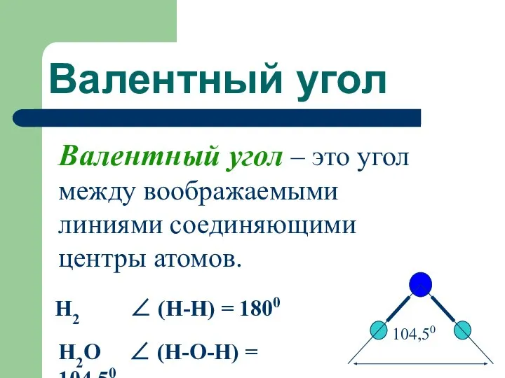 Валентный угол Валентный угол – это угол между воображаемыми линиями соединяющими