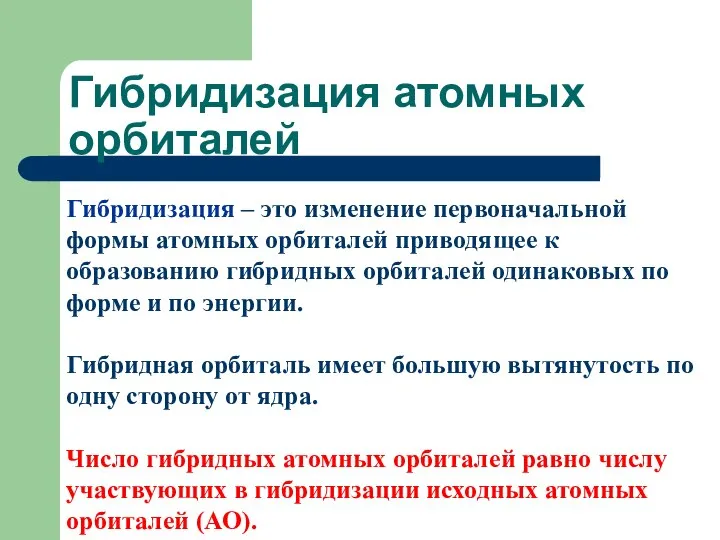 Гибридизация атомных орбиталей Гибридизация – это изменение первоначальной формы атомных орбиталей