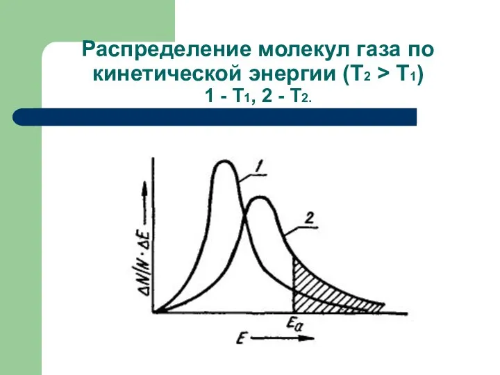 Распределение молекул газа по кинетической энергии (Т2 > Т1) 1 - Т1, 2 - Т2.