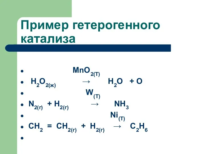 Пример гетерогенного катализа MnO2(T) Н2О2(ж) → Н2О + О W(T) N2(г)