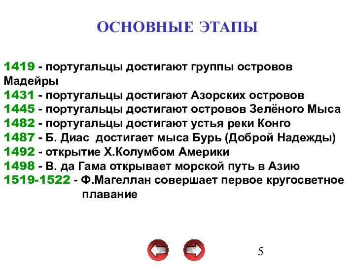 ОСНОВНЫЕ ЭТАПЫ 1419 - португальцы достигают группы островов Мадейры 1431 -