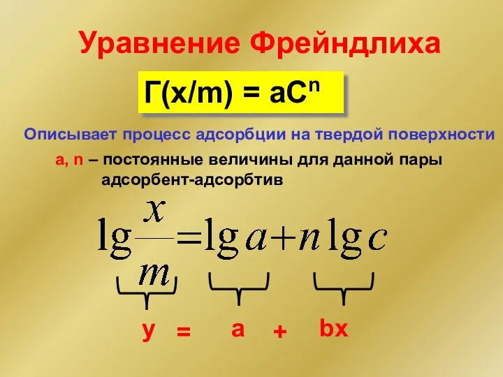 Уравнение Фрейндлиха Г(x/m) = aCn a, n – постоянные величины для