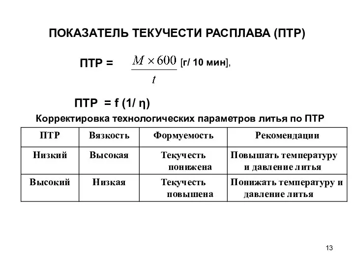 ПОКАЗАТЕЛЬ ТЕКУЧЕСТИ РАСПЛАВА (ПТР) ПТР = [г/ 10 мин], ПТР =