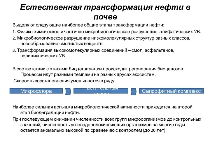 Естественная трансформация нефти в почве Выделяют следующие наиболее общие этапы трансформации