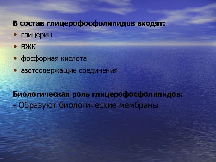 В состав глицерофосфолипидов входят: глицерин ВЖК фосфорная кислота азотсодержащие соединения Биологическая