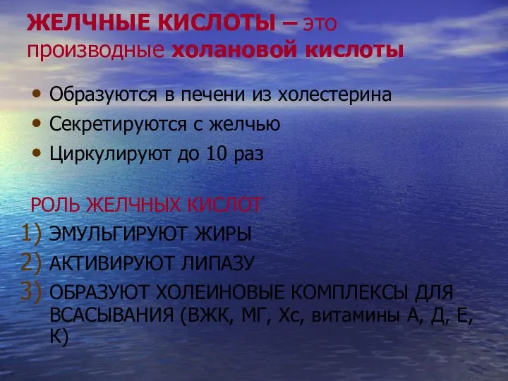 ЖЕЛЧНЫЕ КИСЛОТЫ – это производные холановой кислоты Образуются в печени из