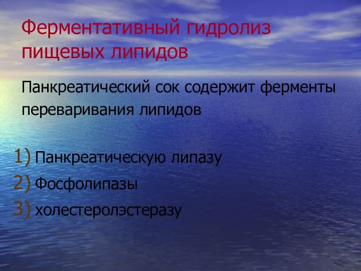 Ферментативный гидролиз пищевых липидов Панкреатический сок содержит ферменты переваривания липидов Панкреатическую липазу Фосфолипазы холестеролэстеразу