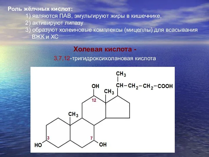 Холевая кислота - 3,7,12-тригидроксихолановая кислота Роль жёлчных кислот: 1) являются ПАВ,