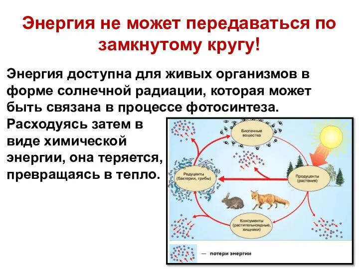 Энергия не может передаваться по замкнутому кругу! Энергия доступна для живых