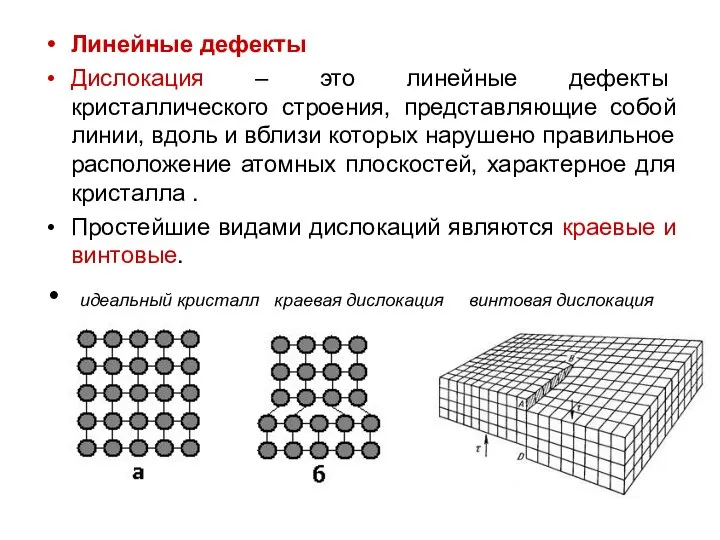 Линейные дефекты Дислокация – это линейные дефекты кристаллического строения, представляющие собой