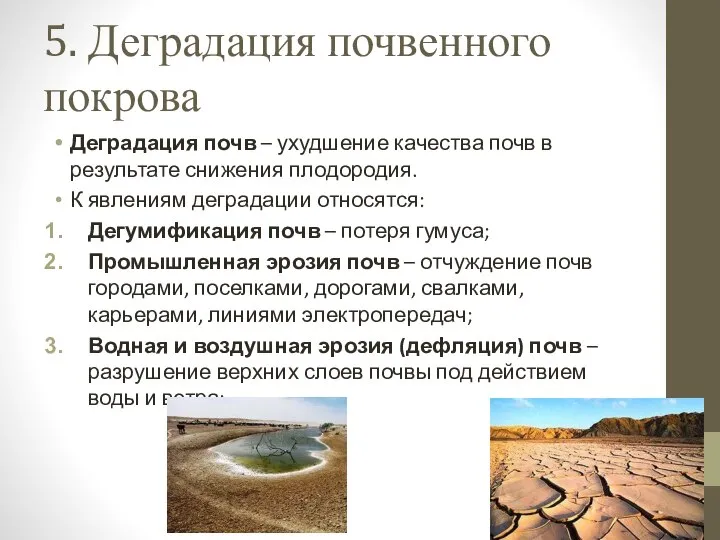 5. Деградация почвенного покрова Деградация почв – ухудшение качества почв в