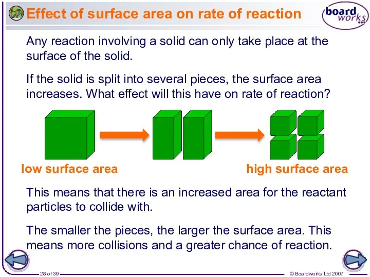 Effect of surface area on rate of reaction Any reaction involving