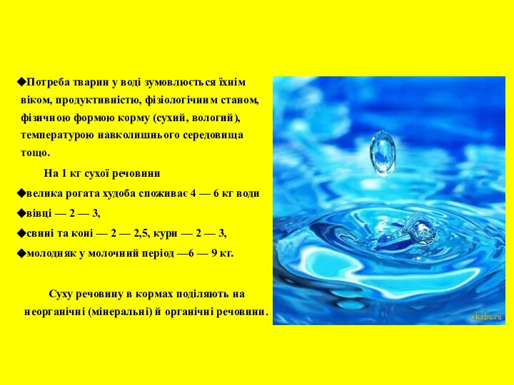 Потреба тварин у воді зумовлюється їхнім віком, продуктивністю, фізіологічним станом, фізичною