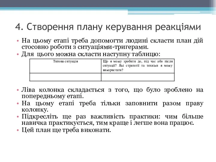 4. Створення плану керування реакціями На цьому етапі треба допомогти людині