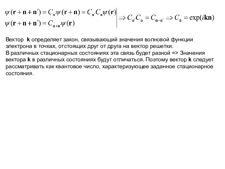 Вектор k определяет закон, связывающий значения волновой функции электрона в точках,