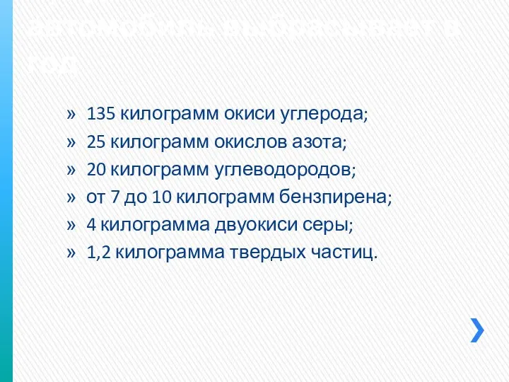 Среднестатистический автомобиль выбрасывает в год 135 килограмм окиси углерода; 25 килограмм