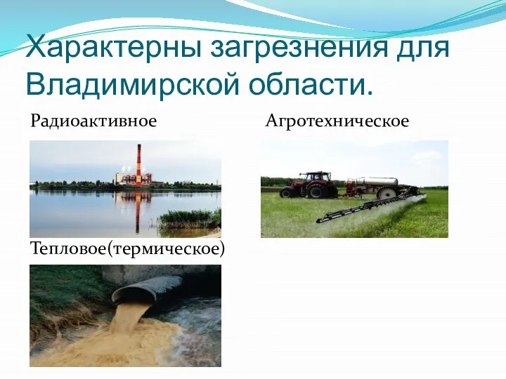 Характерны загрезнения для Владимирской области. Радиоактивное Агротехническое Тепловое(термическое)