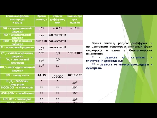 Время жизни, радиус диффузии и концентрация некоторых активных форм кислорода и