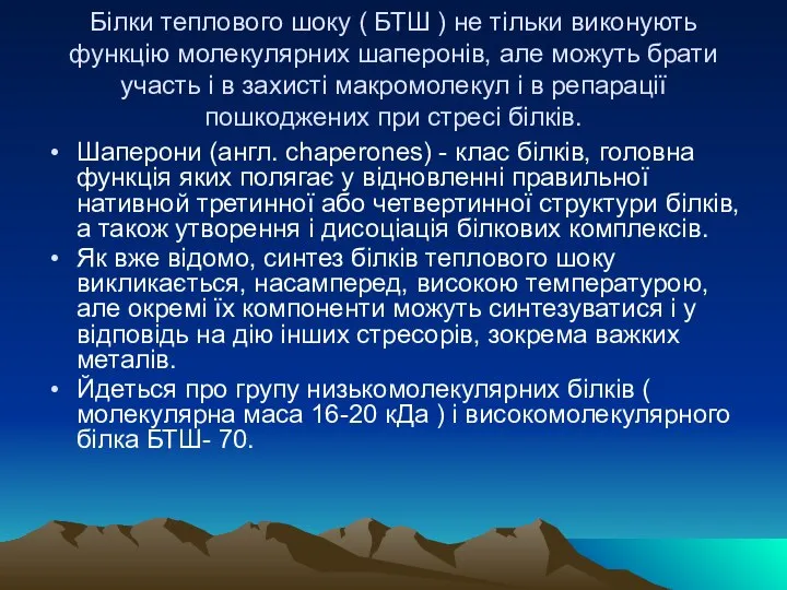 Білки теплового шоку ( БТШ ) не тільки виконують функцію молекулярних