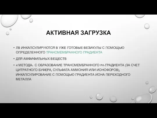 АКТИВНАЯ ЗАГРУЗКА ЛВ ИНКАПСУЛИРУЮТСЯ В УЖЕ ГОТОВЫЕ ВЕЗИКУЛЫ С ПОМОЩЬЮ ОПРЕДЕЛЕННОГО