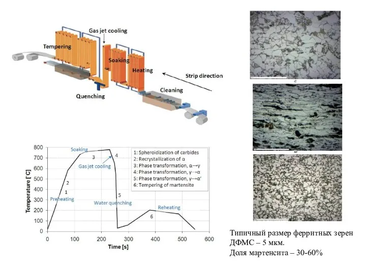 Типичный размер ферритных зерен ДФМС – 5 мкм. Доля мартенсита – 30-60%