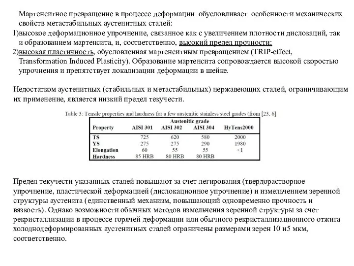 Мартенситное превращение в процессе деформации обусловливает особенности механических свойств метастабильных аустенитных