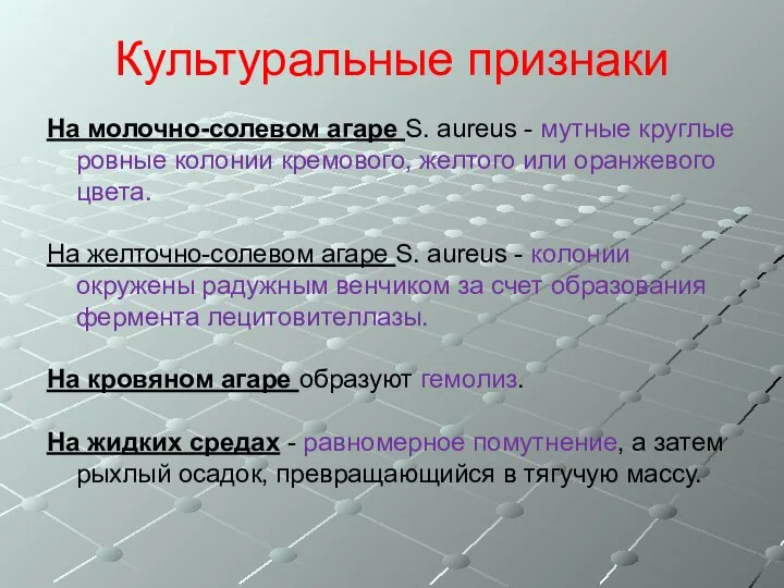 Культуральные признаки На молочно-солевом агаре S. aureus - мутные круглые ровные