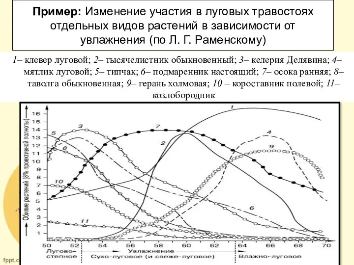 Пример: Изменение участия в луговых травостоях отдельных видов растений в зависимости