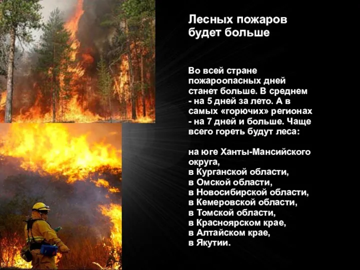 Лесных пожаров будет больше Во всей стране пожароопасных дней станет больше.