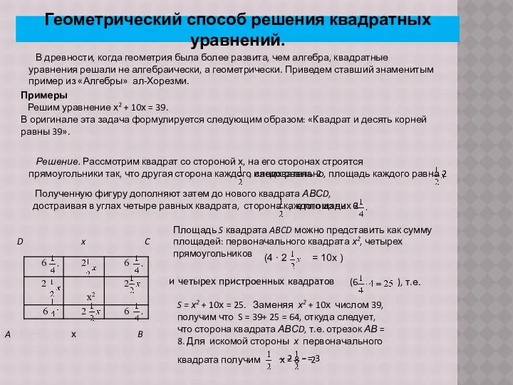 Геометрический способ решения квадратных уравнений. В древности, когда геометрия была более