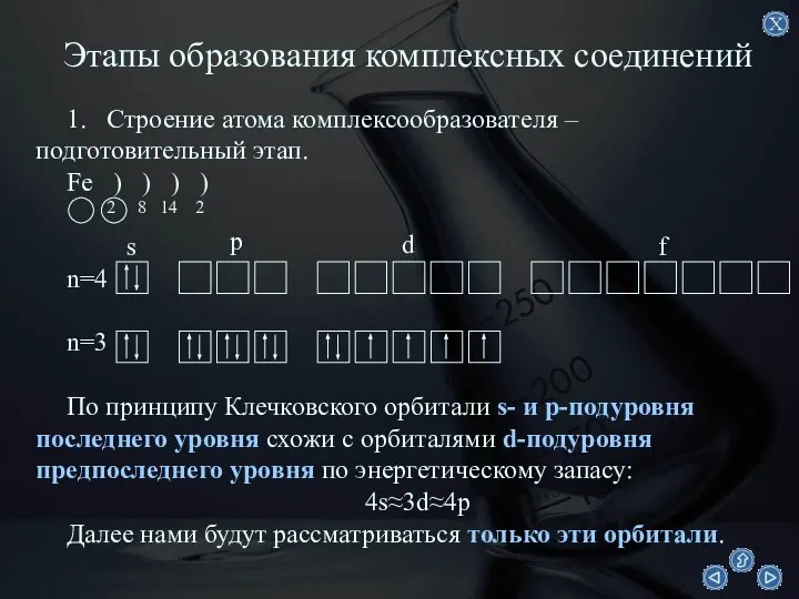 Этапы образования комплексных соединений 1. Строение атома комплексообразователя – подготовительный этап.