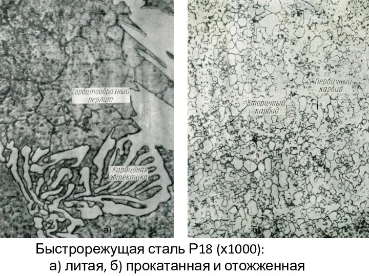 а) б) Быстрорежущая сталь Р18 (х1000): а) литая, б) прокатанная и отожженная