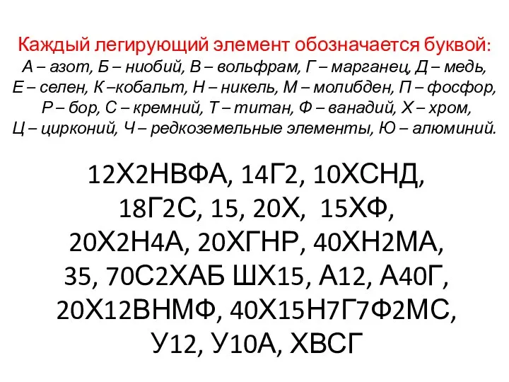 Каждый легирующий элемент обозначается буквой: А – азот, Б – ниобий,