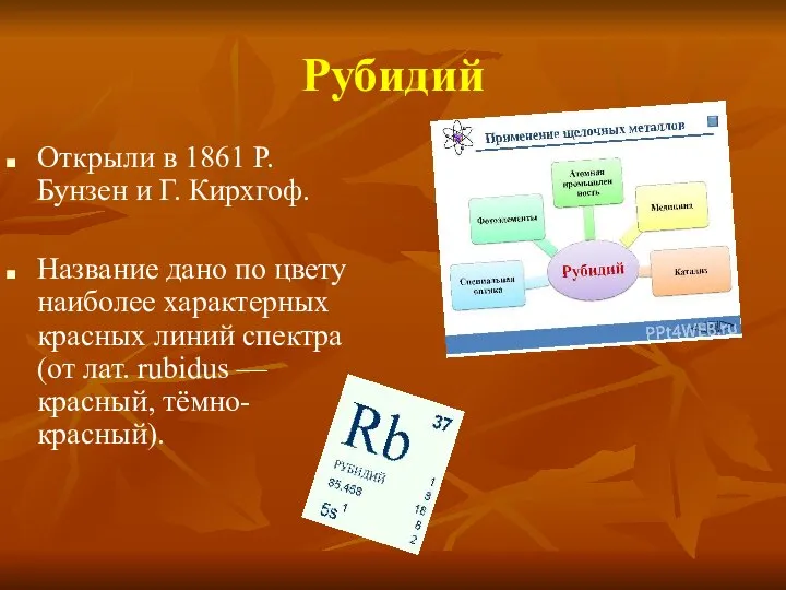 Рубидий Открыли в 1861 Р. Бунзен и Г. Кирхгоф. Название дано