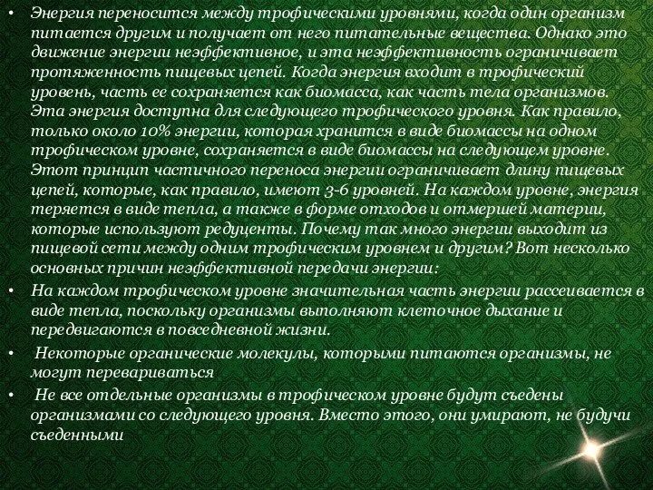 Энергия переносится между трофическими уровнями, когда один организм питается другим и